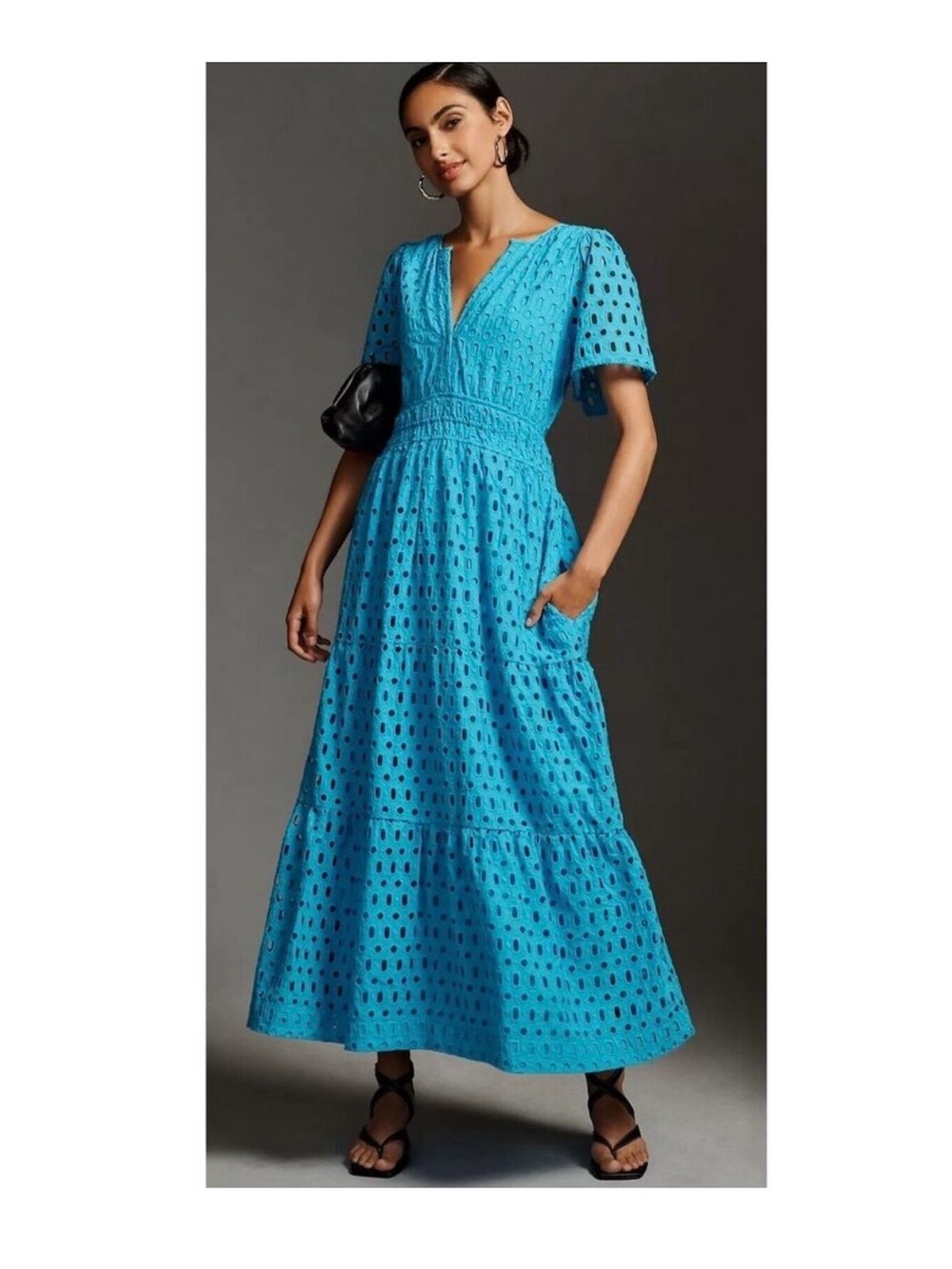 Anthropologie Maeve Somerset Blue Eyelet V-Neck Maxi Dress